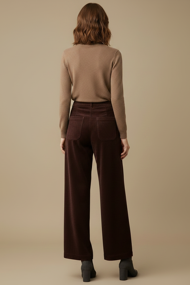 Pantalon Velours Côtelé Marron Large Taille Haute - vue 2