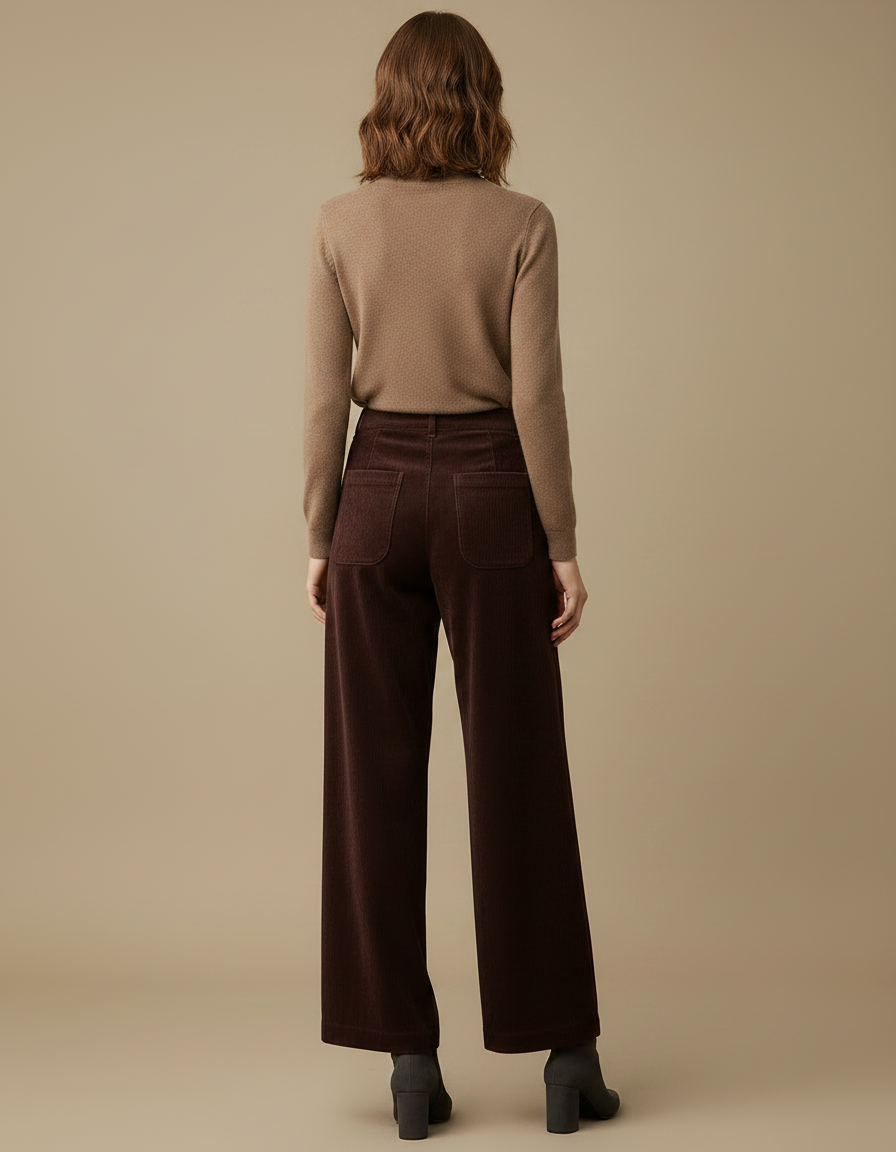 Pantalon Velours Côtelé Marron Large Taille Haute - vue 2
