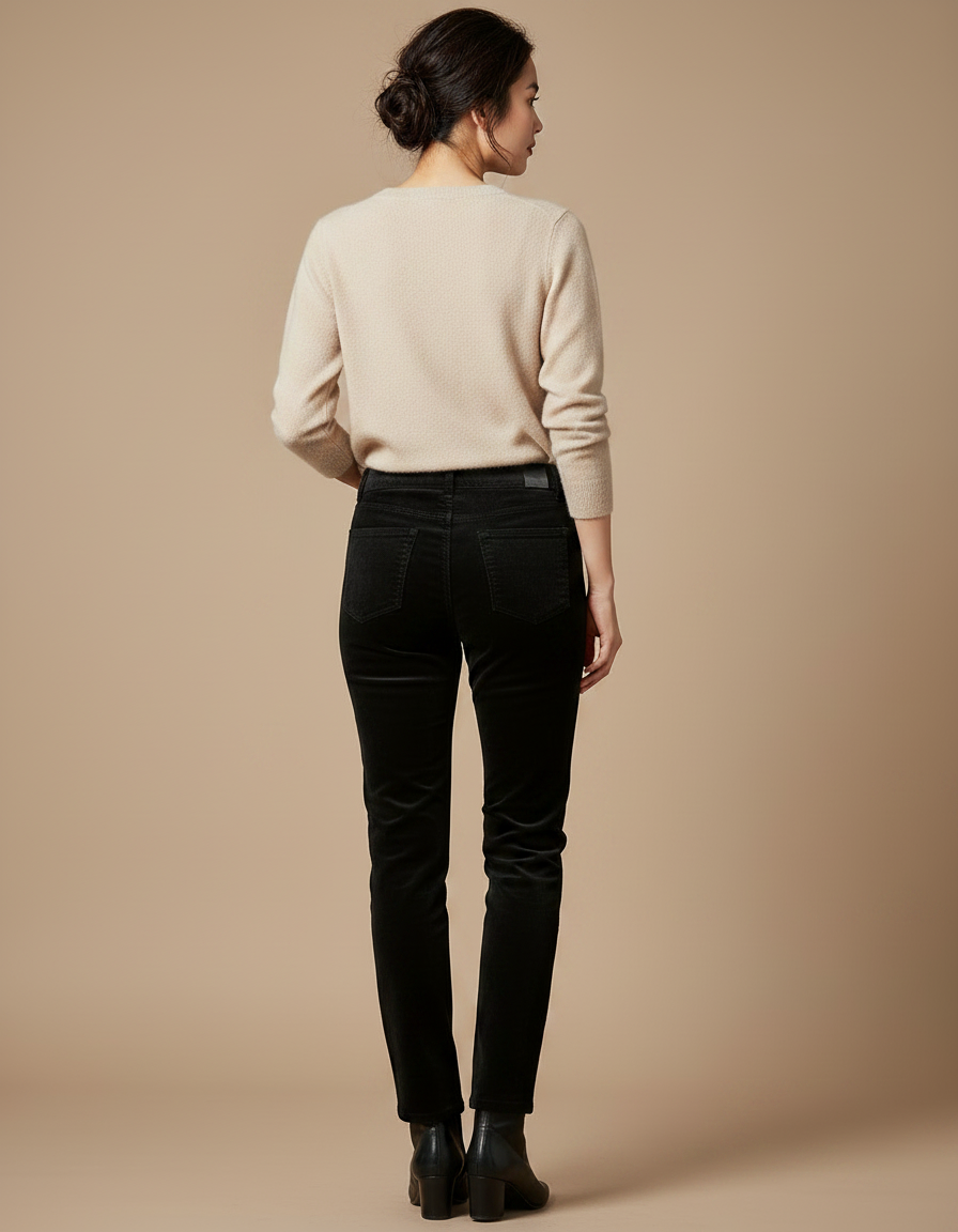 Pantalon Velours Noir Droit Élastique Femme - Cordé - vue 2