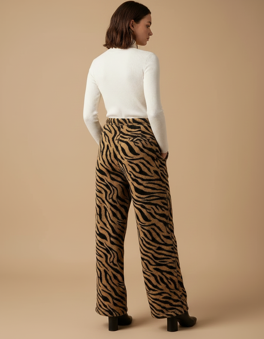 Pantalon Velours Imprimé Zèbre Ample Taille Haute Femme - vue 2