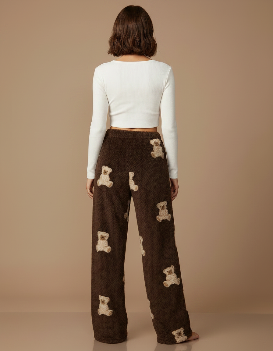 Pantalon Velours Marron Oursons Ample Doux Femme - Molleton - vue 2