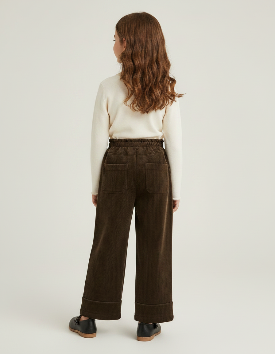 Pantalon Velours Marron Côtelé Cœurs Ample Fille - Cordé - vue 2