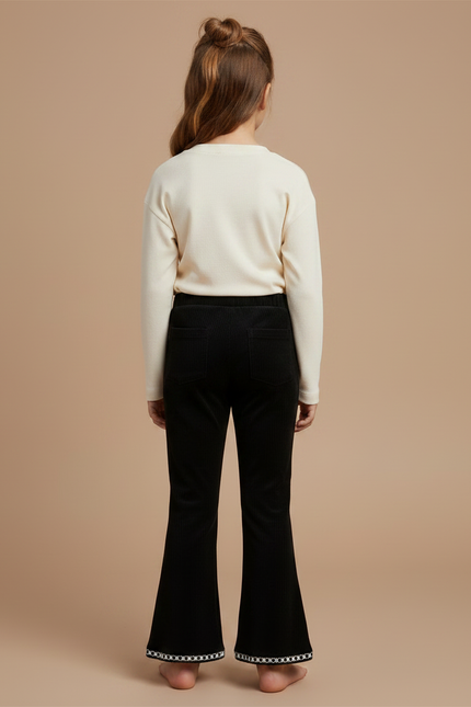 Pantalon Velours Noir Côtelé Évasé Perles Fille - Cordé - vue 2