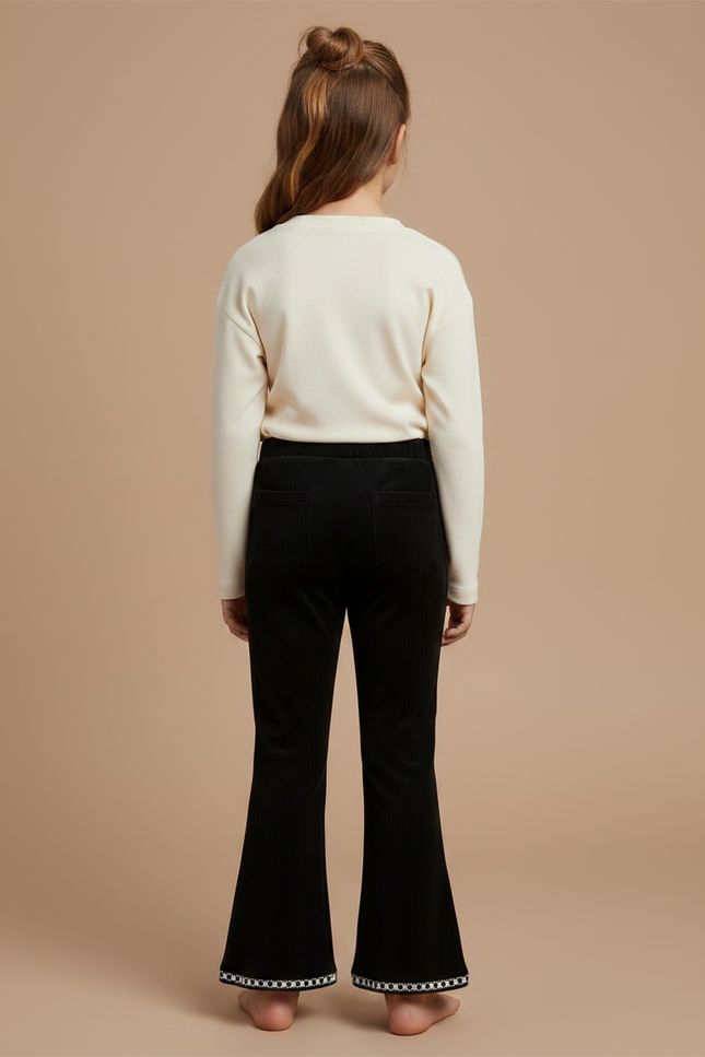 Pantalon Velours Noir Côtelé Évasé Perles Fille - Cordé - vue 2