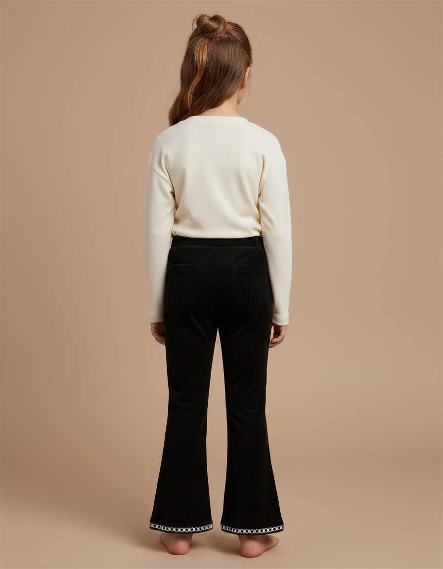 Pantalon Velours Noir Côtelé Évasé Perles Fille - Cordé - vue 2