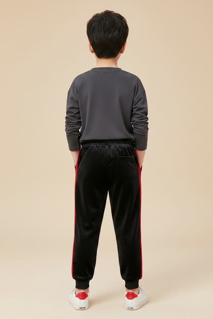 Pantalon Velours Noir Rayures Rouges Garçon Sport - vue 2