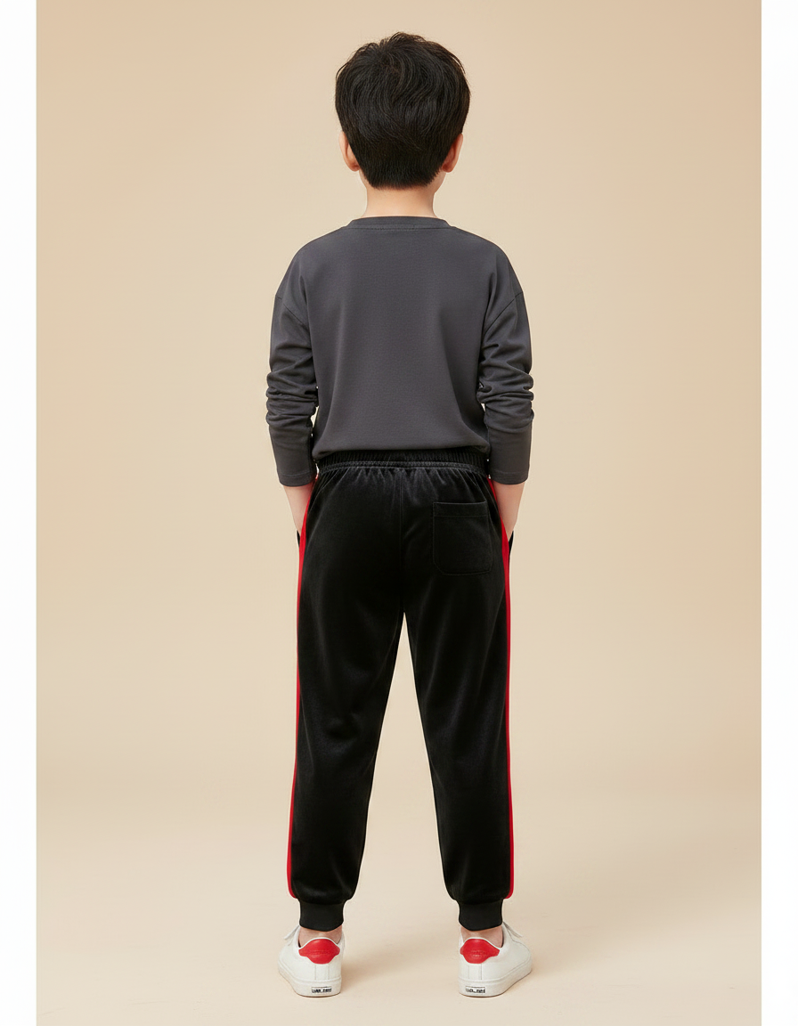 Pantalon Velours Noir Rayures Rouges Garçon Sport - vue 2