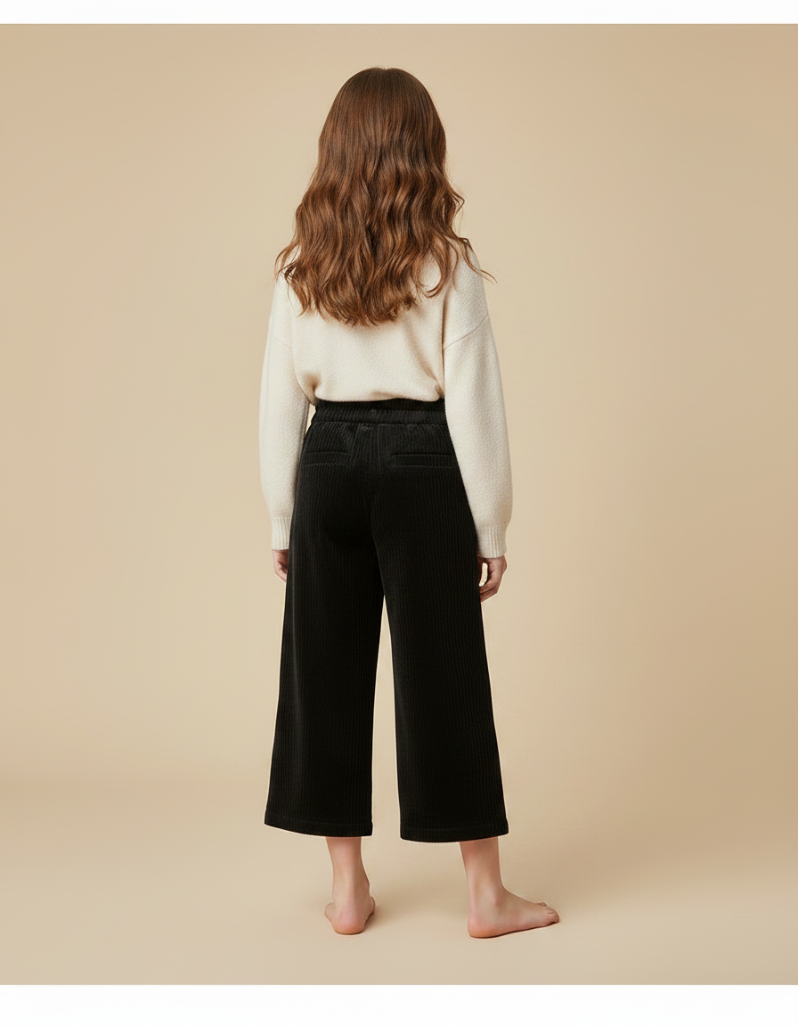 Pantalon Velours Noir Côtelé Ample Enfant Fille - Cordé - vue 2