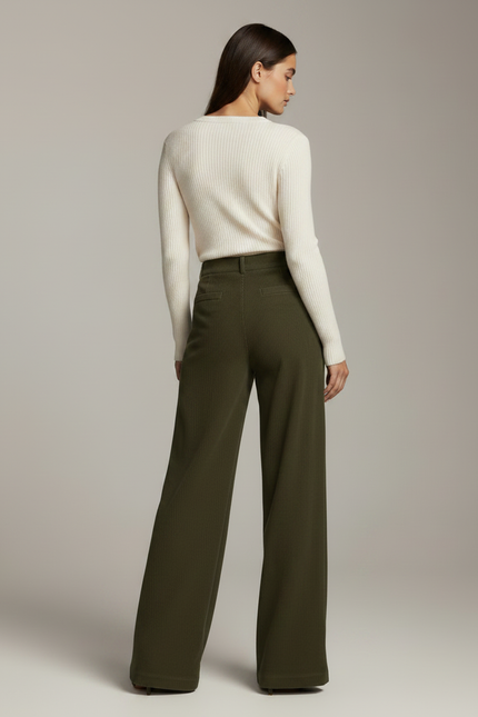 Pantalon Velours Vert Côtelé Large Ample Élégant - Kaki Cordé - vue 2
