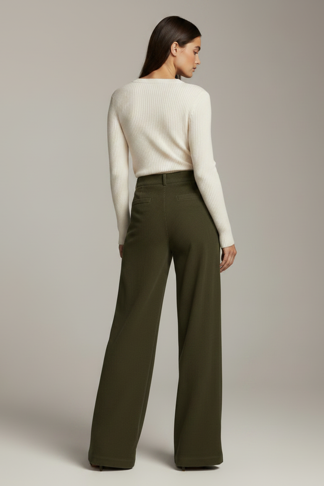 Pantalon Velours Vert Côtelé Large Ample Élégant - Kaki Cordé - vue 2