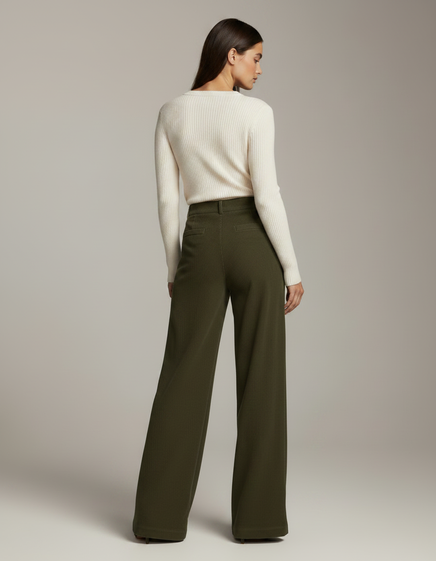 Pantalon Velours Vert Côtelé Large Ample Élégant - Kaki Cordé - vue 2