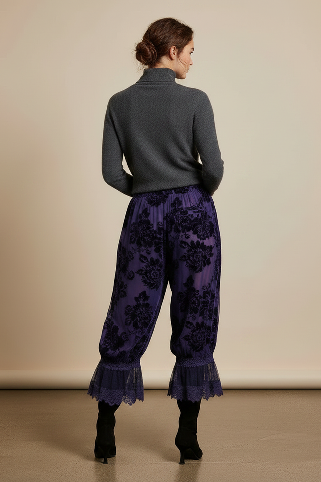 Pantalon Velours Violet Floral Dentelle Ample Élégant - vue 2