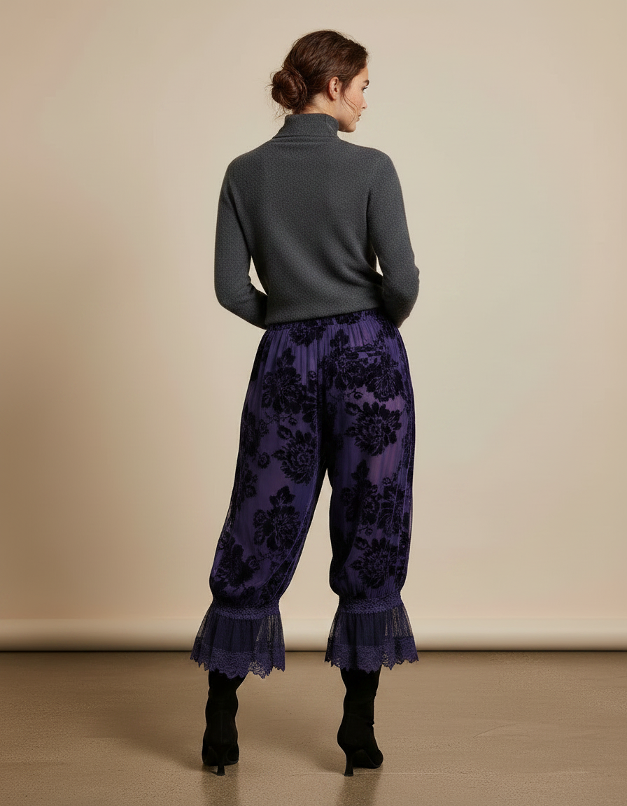 Pantalon Velours Violet Floral Dentelle Ample Élégant - vue 2