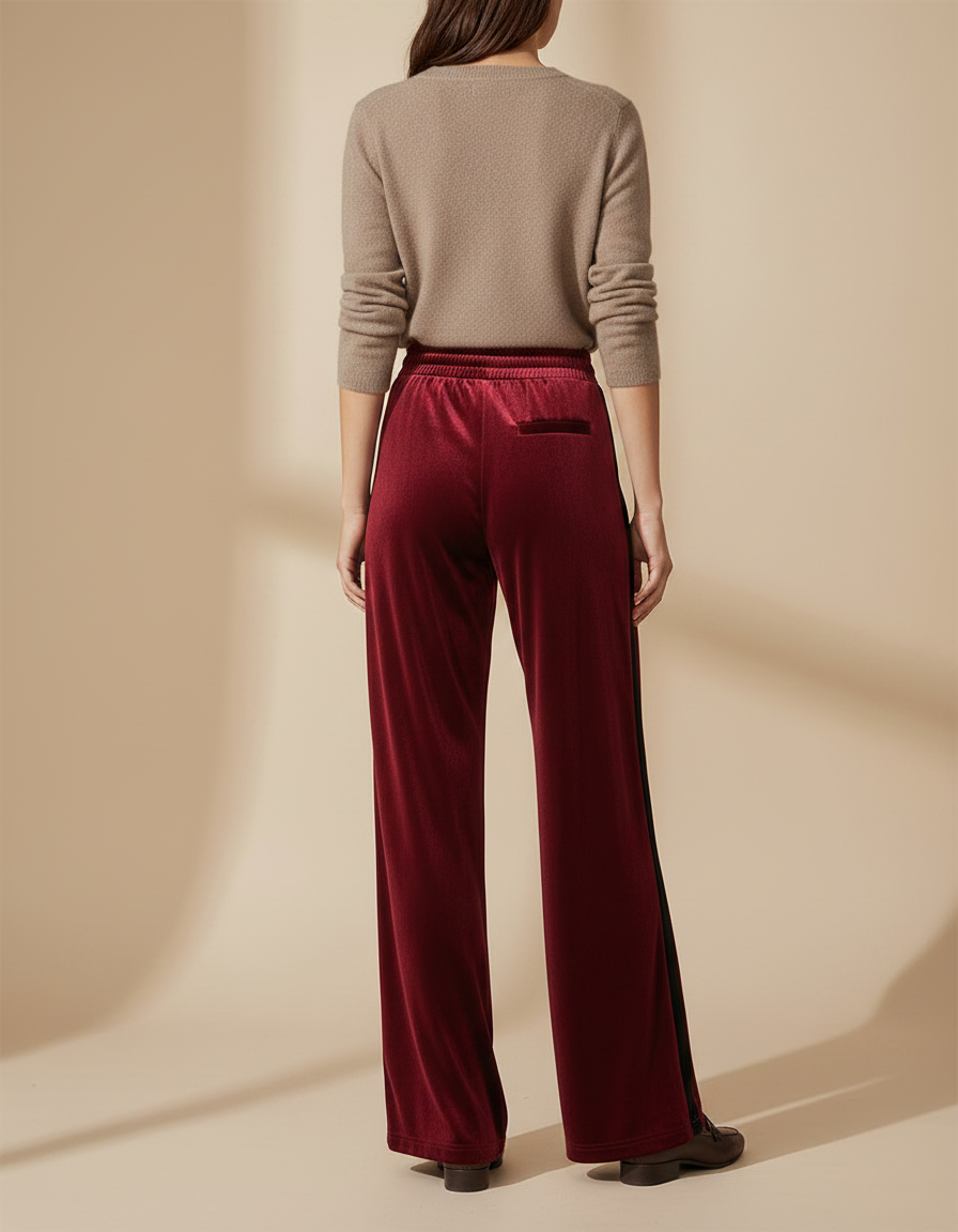 Pantalon Velours Bordeaux Large Fluide Élégant Femme - vue 2