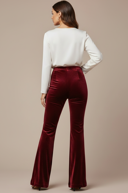 Pantalon Velours Rouge Bordeau Évasé Taille Haute Élégant - Bordeaux - vue 2