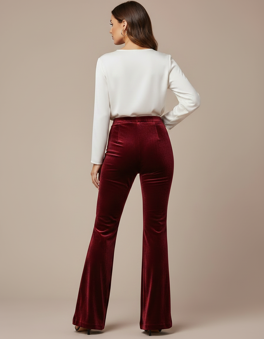 Pantalon Velours Rouge Bordeau Évasé Taille Haute Élégant - Bordeaux - vue 2