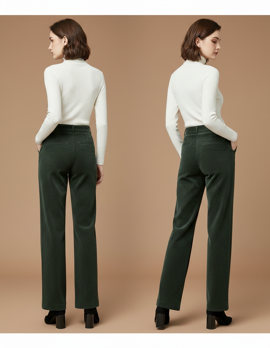 Pantalon Velours Côtelé Vert Taille Haute Ample Femme - Cordé - vue 2