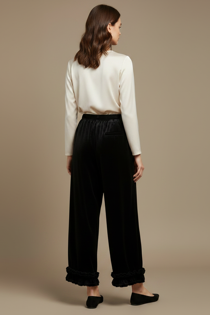 Pantalon Velours Noir Ample Volants Fluide Femme - vue 2
