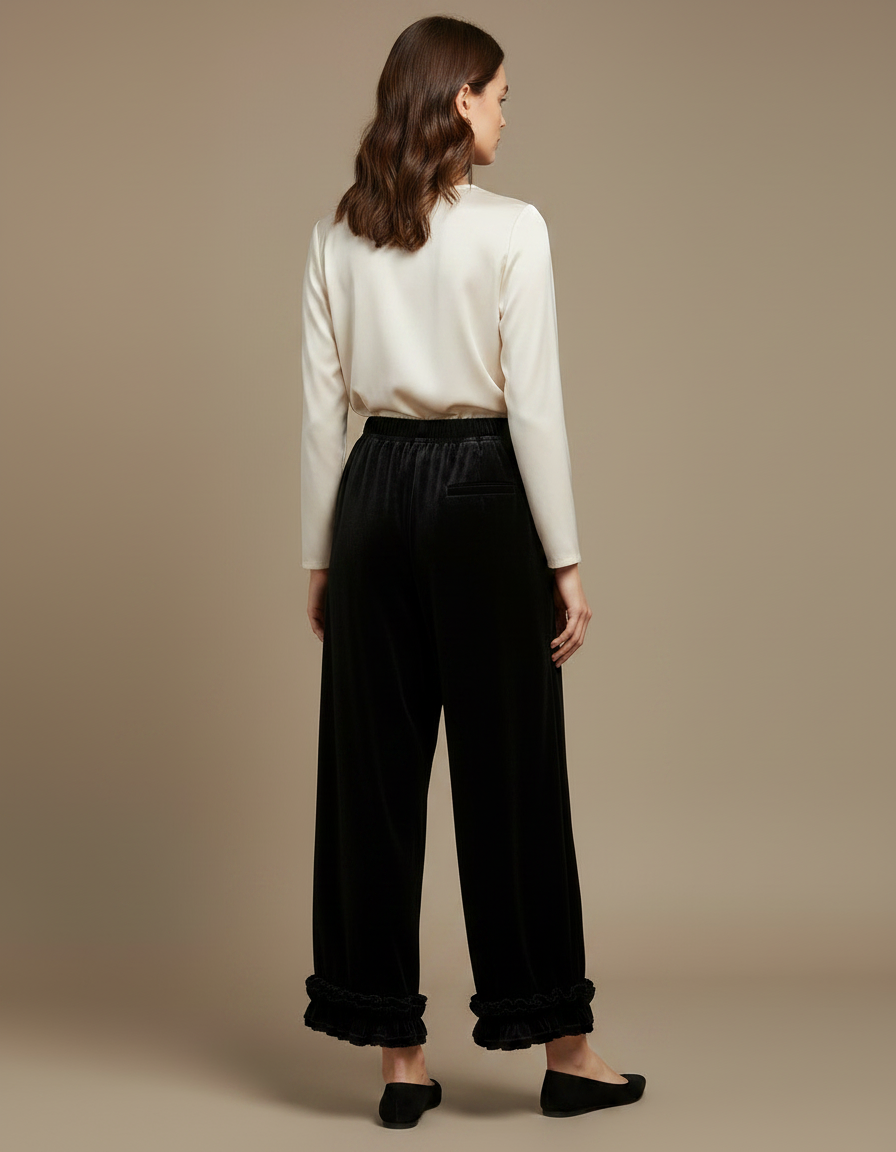 Pantalon Velours Noir Ample Volants Fluide Femme - vue 2