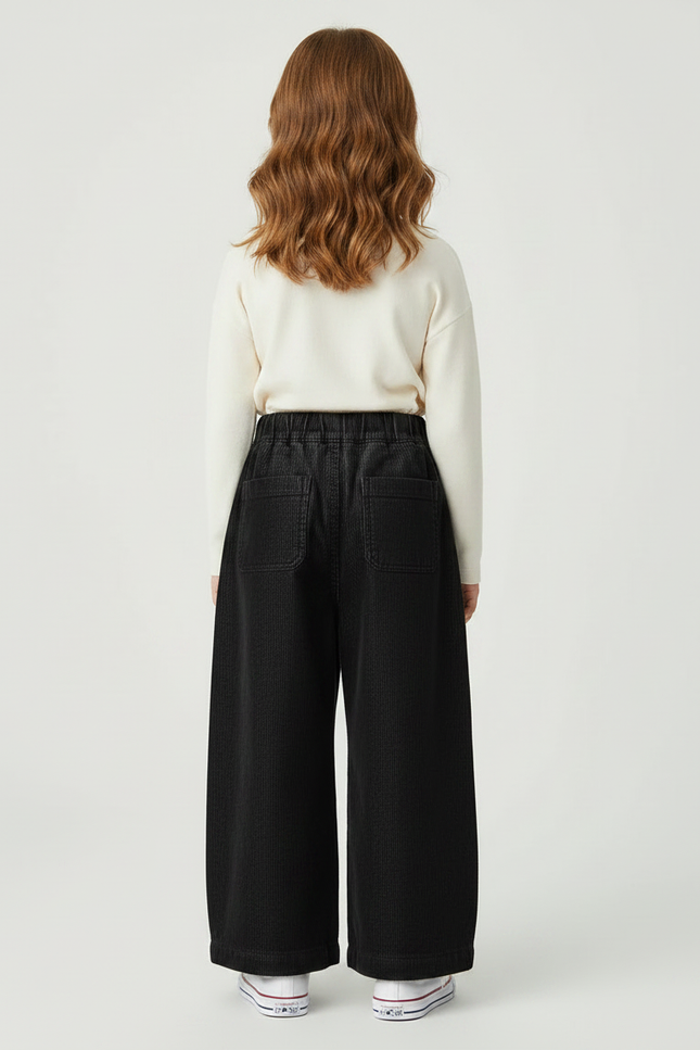 Pantalon Velours Noir Côtelé Ample Enfant Décontracté - Cordé - vue 2