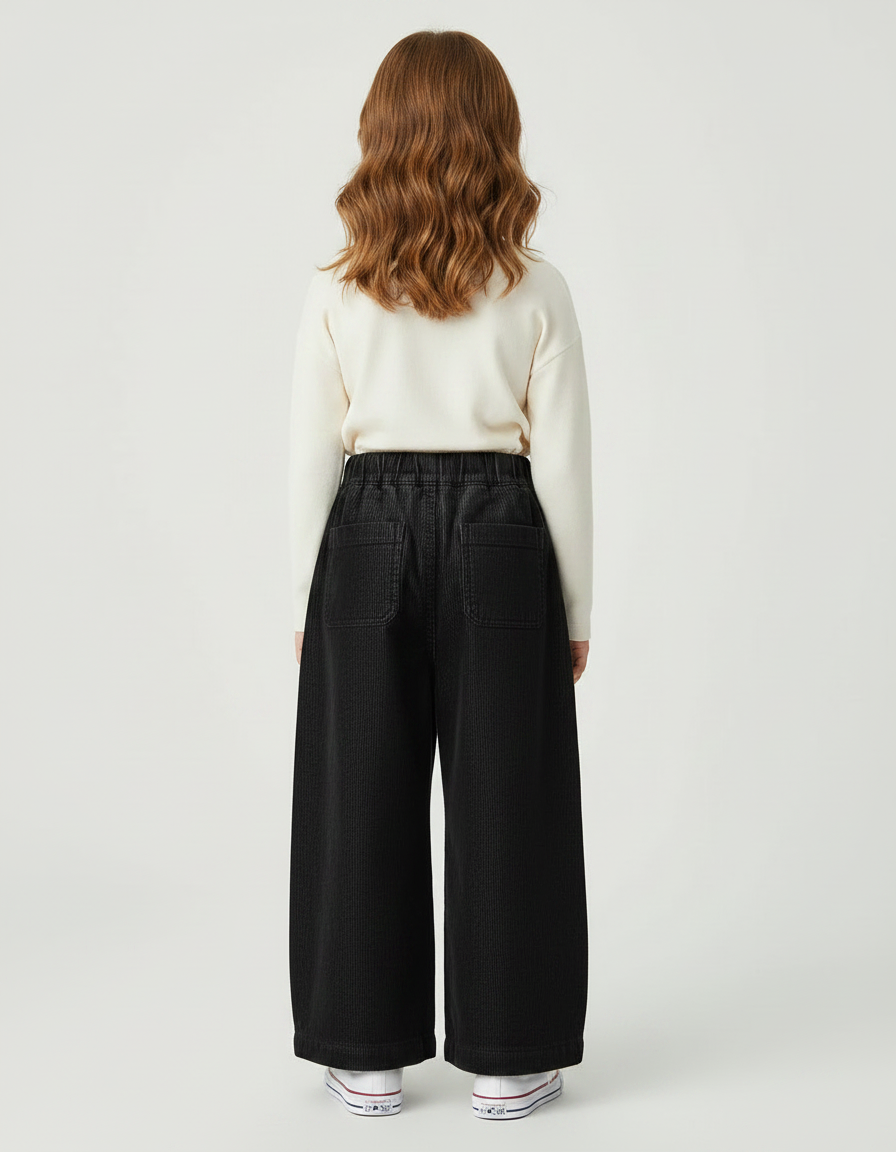 Pantalon Velours Noir Côtelé Ample Enfant Décontracté - Cordé - vue 2