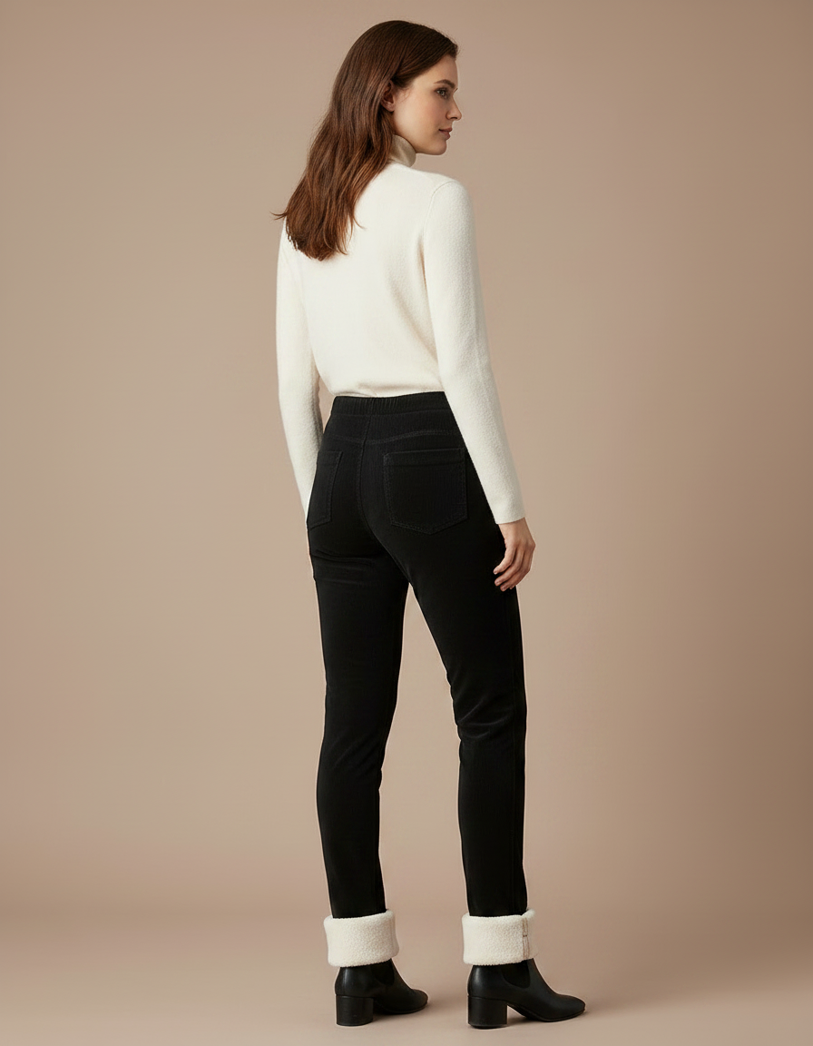 Pantalon Velours Noir Côtelé Slim Doublé Chaud Femme - Cordé - vue 2