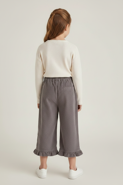 Pantalon Velours Gris Côtelé Volants Fille Décontracté - Cordé - vue 2