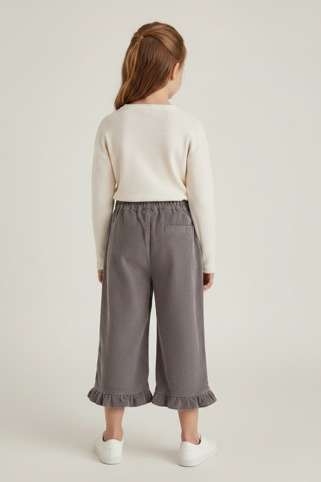 Pantalon Velours Gris Côtelé Volants Fille Décontracté - Cordé - vue 2