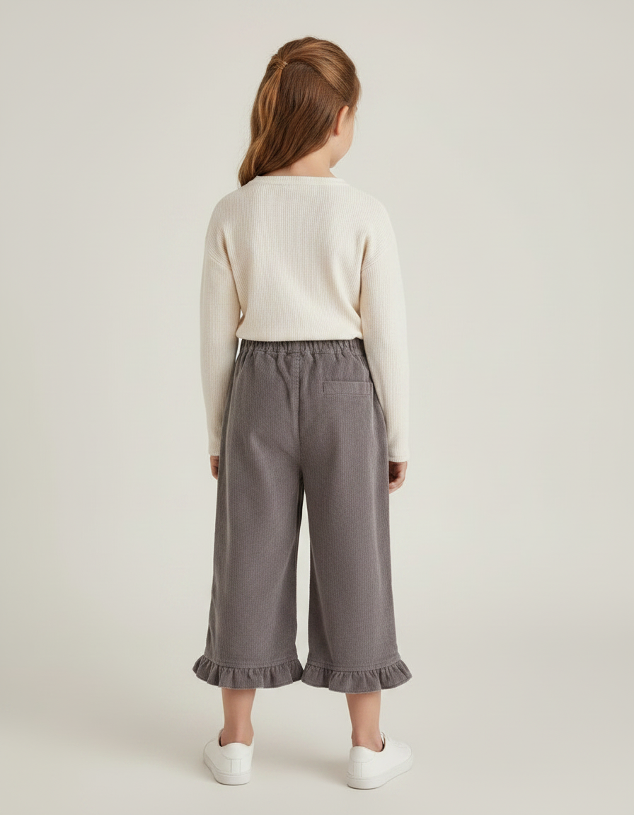 Pantalon Velours Gris Côtelé Volants Fille Décontracté - Cordé - vue 2