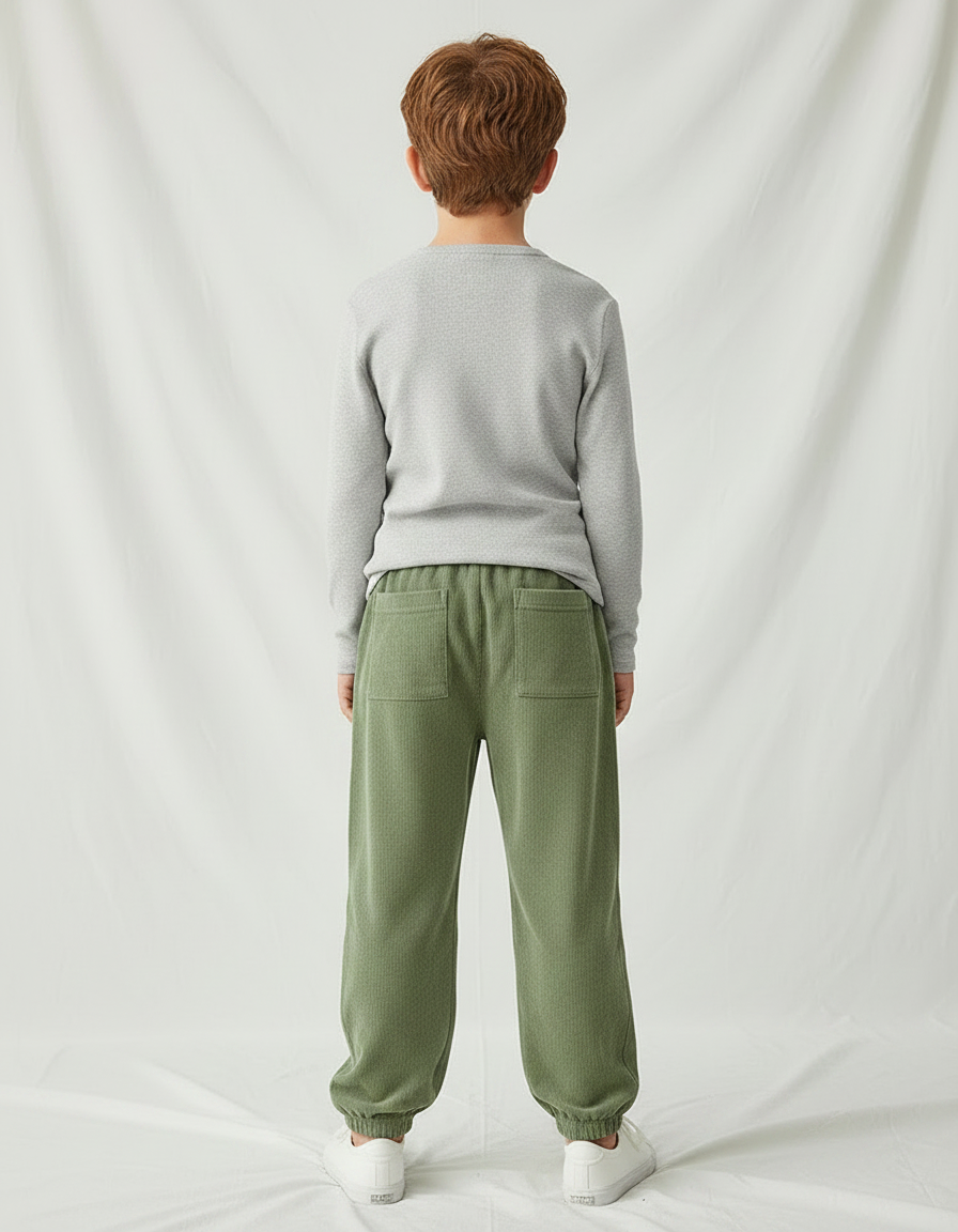 Pantalon Velours Vert Côtelé Ample Élastiqué Décontracté Garçon - Cordé - vue 2