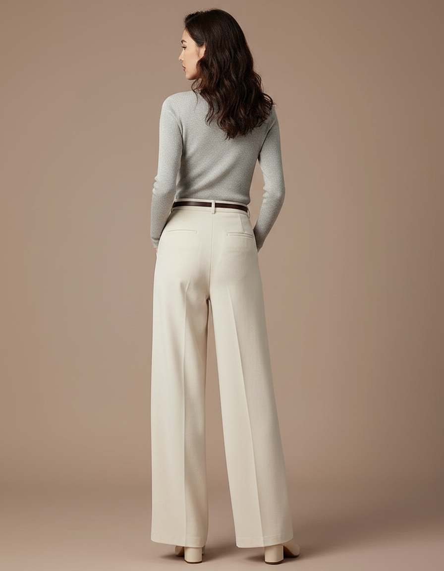 Pantalon Velours Crème Large Ample Fluide Élégant - Beige Polyester - vue 2
