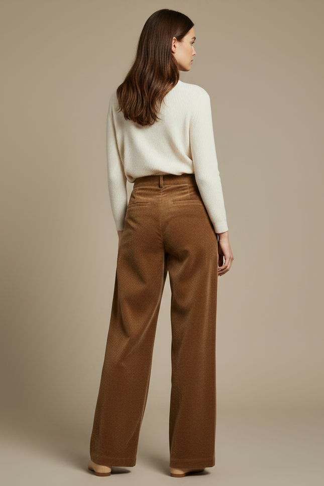 Pantalon Fluide Velours Cotelé Femme - Marron Cordé - vue 2