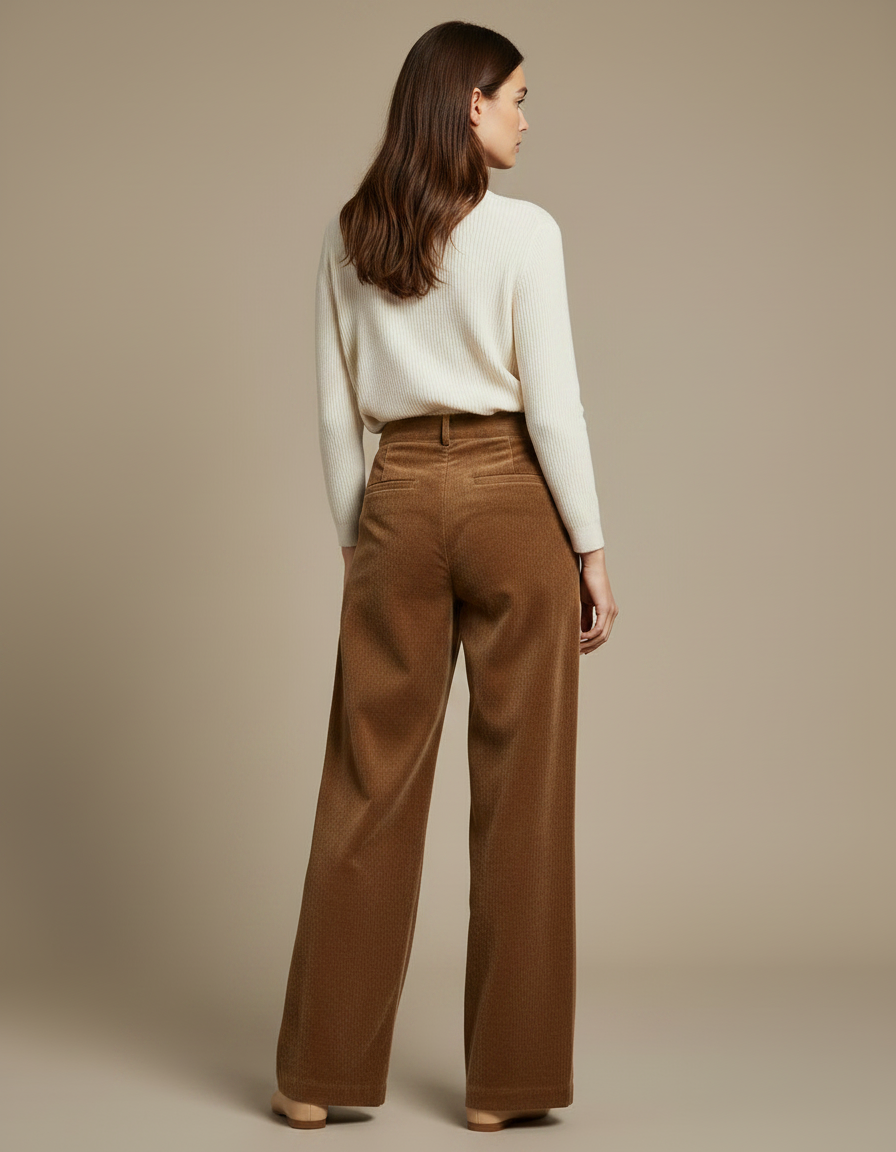 Pantalon Fluide Velours Cotelé Femme - Marron Cordé - vue 2