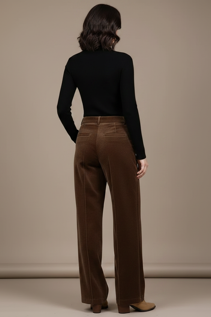 Pantalon Velours Marron Côtelé Large Élégant Femme - Cordé - vue 2