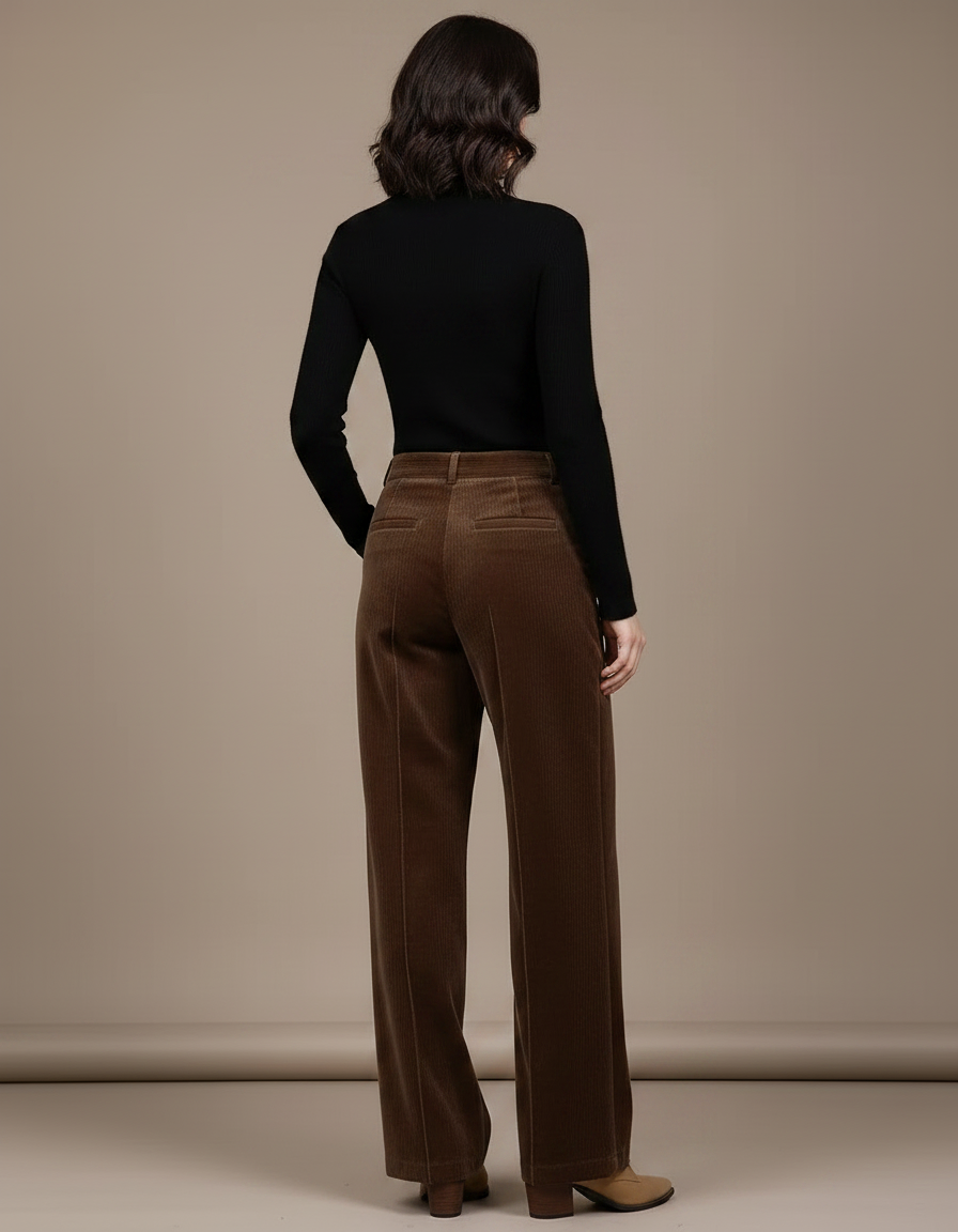 Pantalon Velours Marron Côtelé Large Élégant Femme - Cordé - vue 2