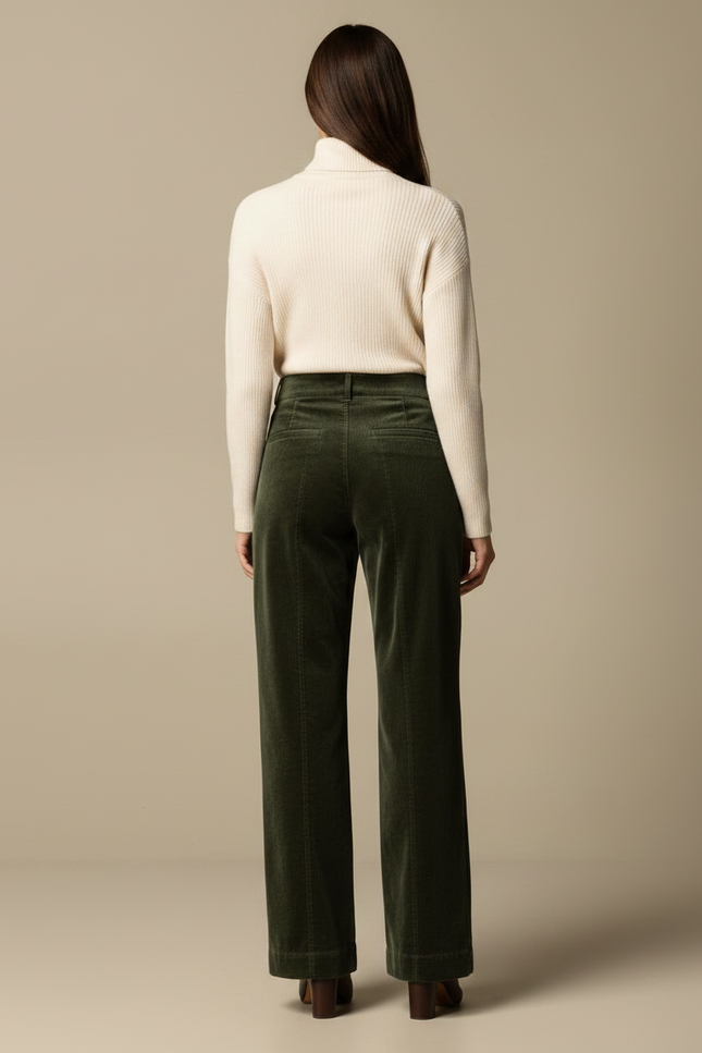 Pantalon Velours Côtelé Vert Taille Haute Boutons - Cordé - vue 2