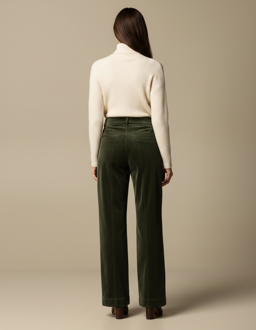 Pantalon Velours Côtelé Vert Taille Haute Boutons - Cordé - vue 2
