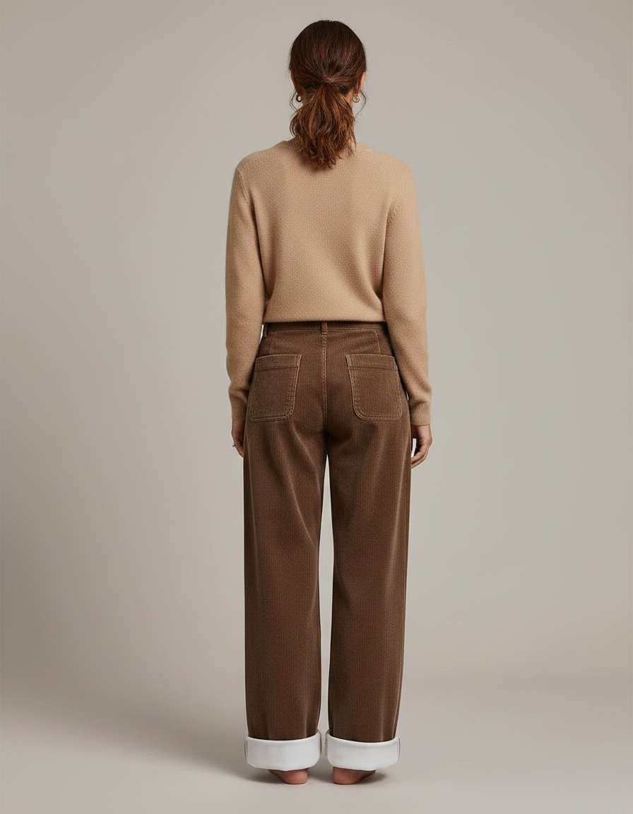 Pantalon Velours Marron Large Doublé Moelleux Femme - Cordé - vue 2