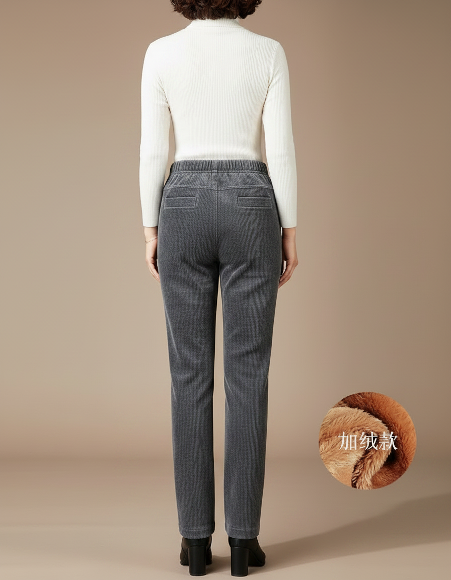 Pantalon Velours Côtelé Droit Gris Élastique Femme Hiver - Cordé - vue 2