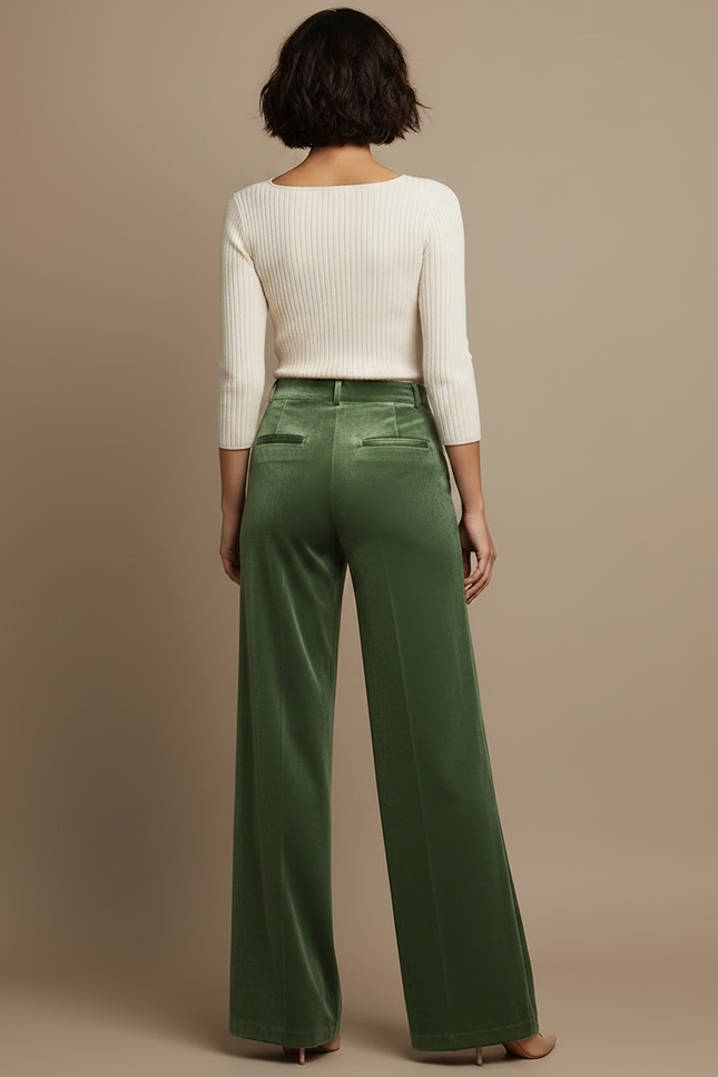 Pantalon Velours Vert Émeraude Large Élégant Fluide - vue 2