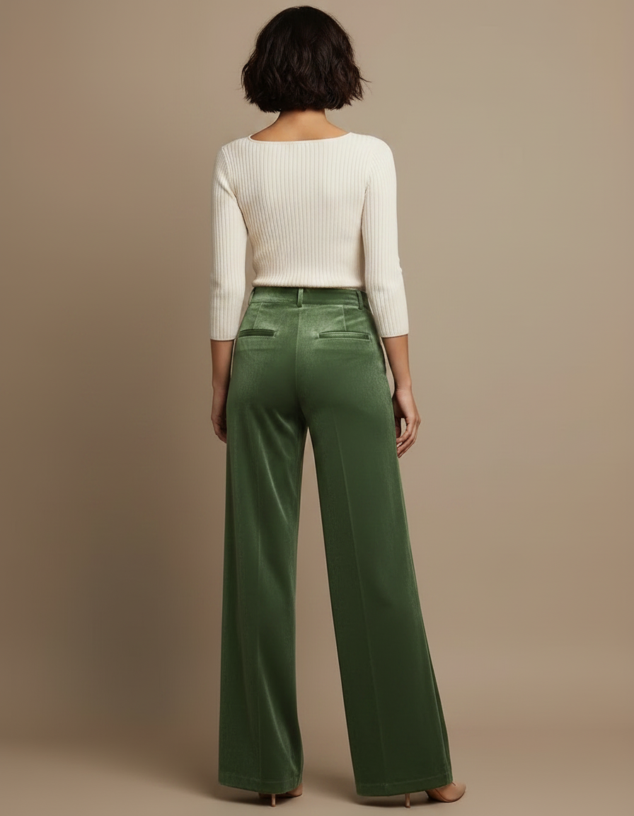 Pantalon Velours Vert Émeraude Large Élégant Fluide - vue 2