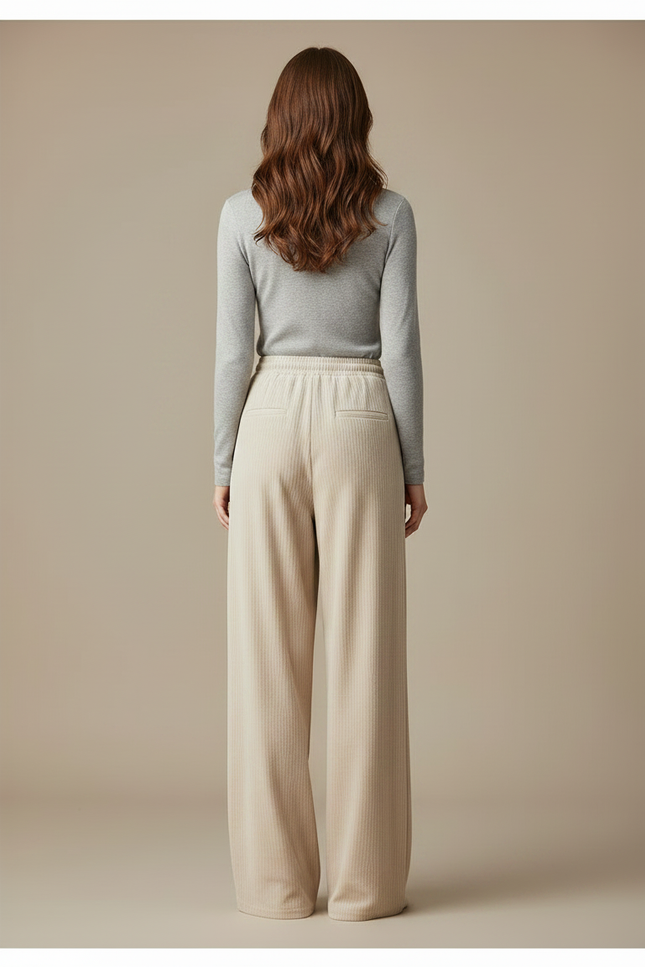 Pantalon Velours Femme Beige Large Côtelé Fin - Cordé - vue 2
