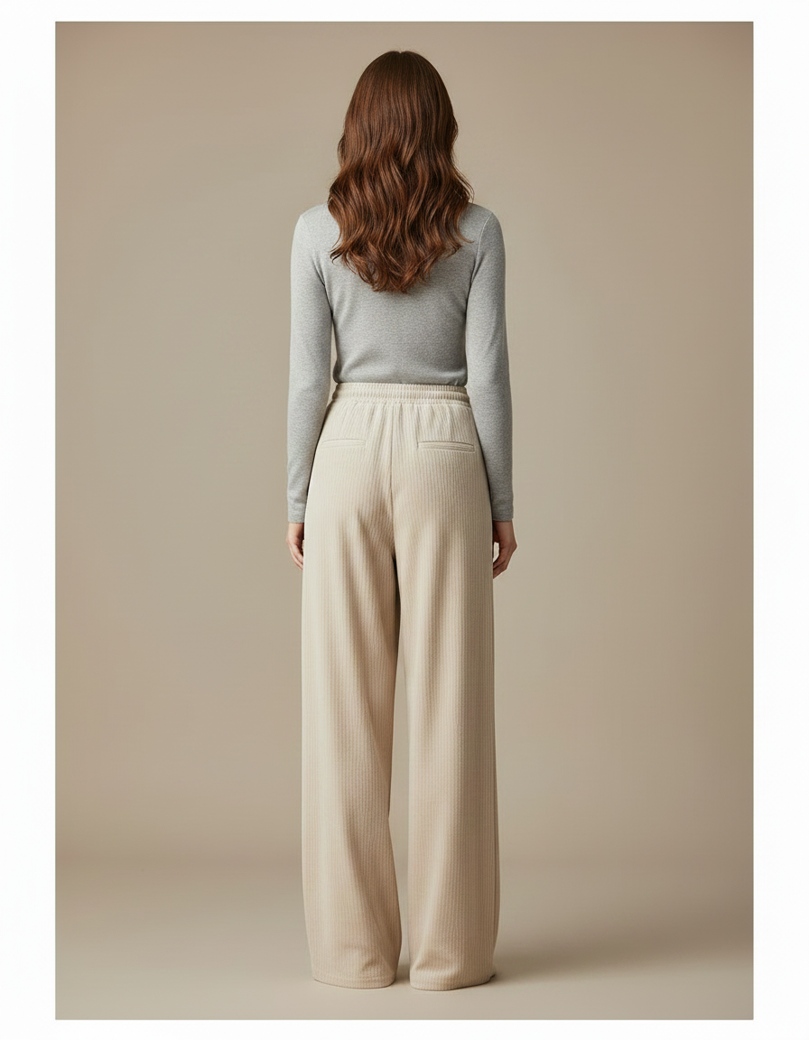 Pantalon Velours Femme Beige Large Côtelé Fin - Cordé - vue 2