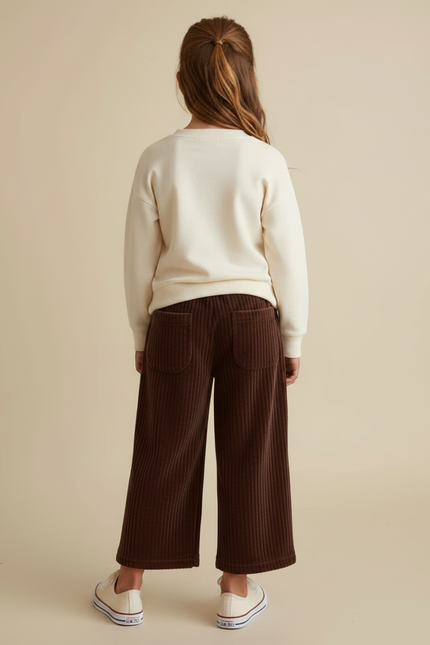 Pantalon Velours Marron Côtelé Large Élastiqué Fille - Cordé - vue 2