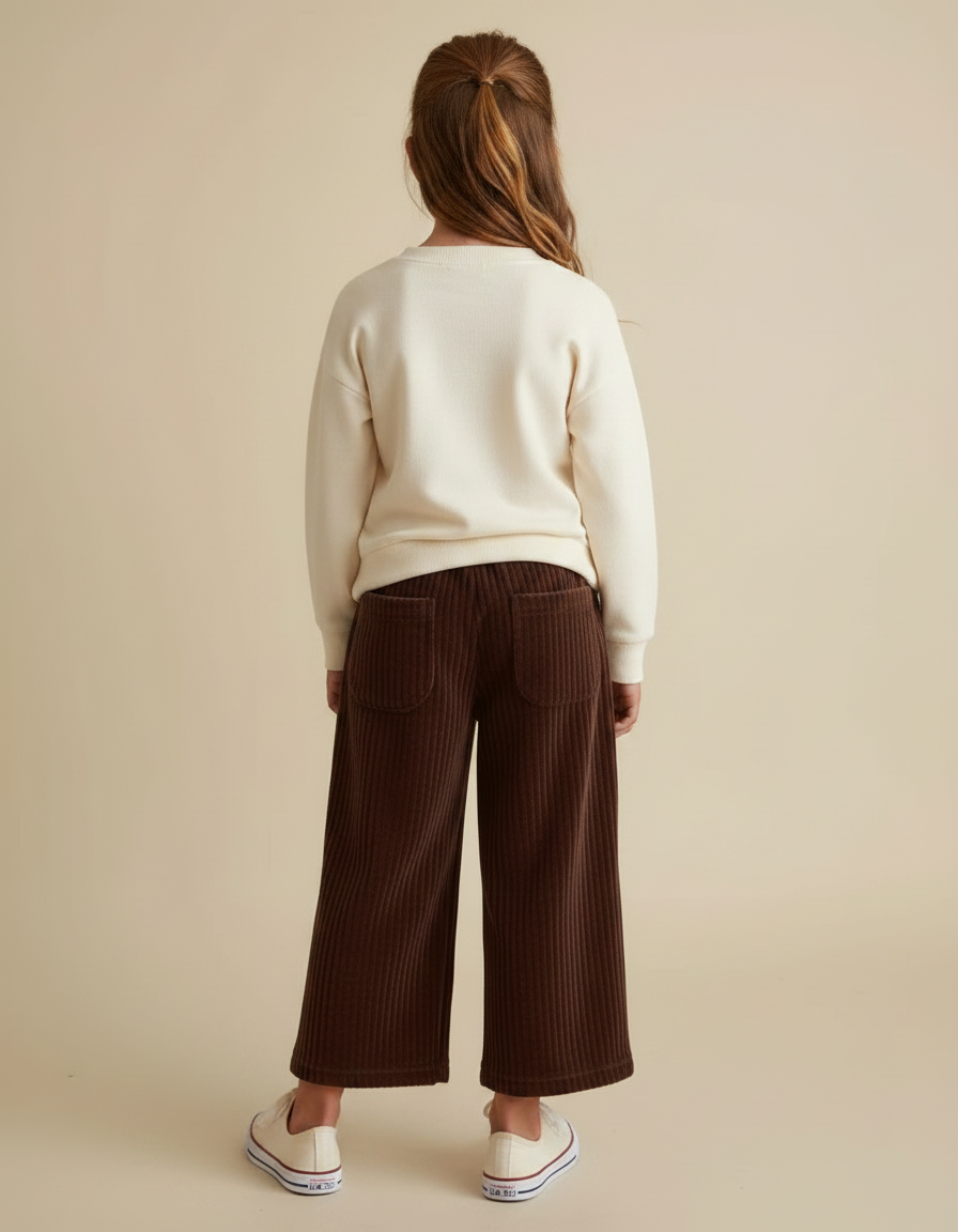 Pantalon Velours Marron Côtelé Large Élastiqué Fille - Cordé - vue 2