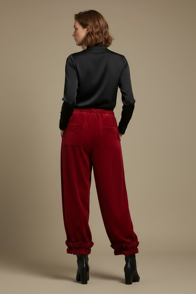Pantalon Velours Rouge Ample Élastiqué Volants Femme - Bordeaux - vue 2