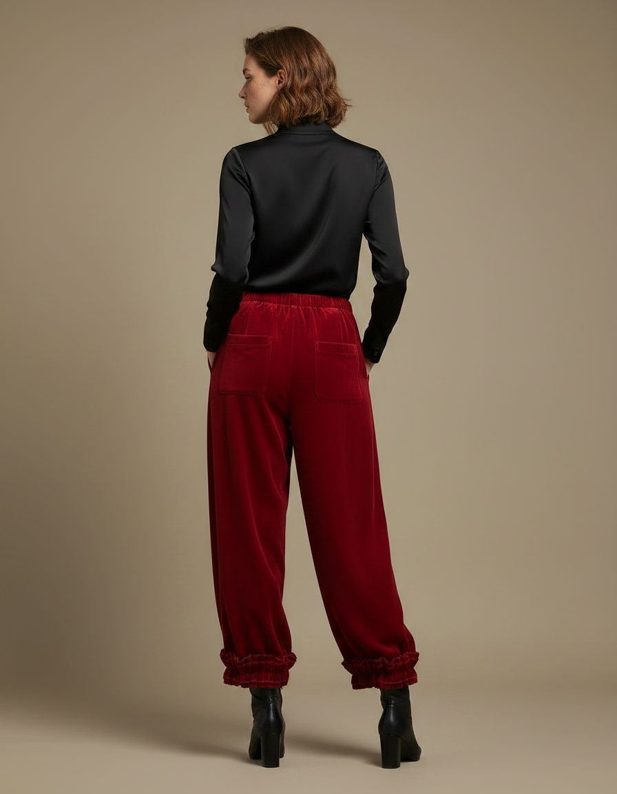 Pantalon Velours Rouge Ample Élastiqué Volants Femme - Bordeaux - vue 2