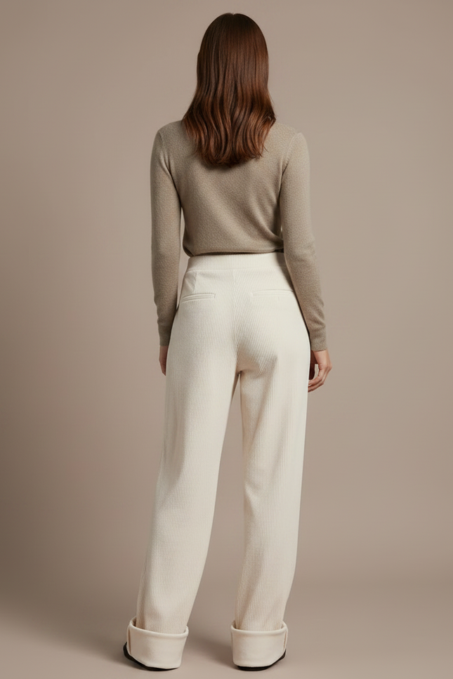 Pantalon Velours Écru Côtelé Large Décontracté Femme - Beige Cordé - vue 2