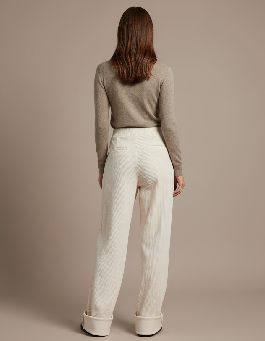 Pantalon Velours Écru Côtelé Large Décontracté Femme - Beige Cordé - vue 2