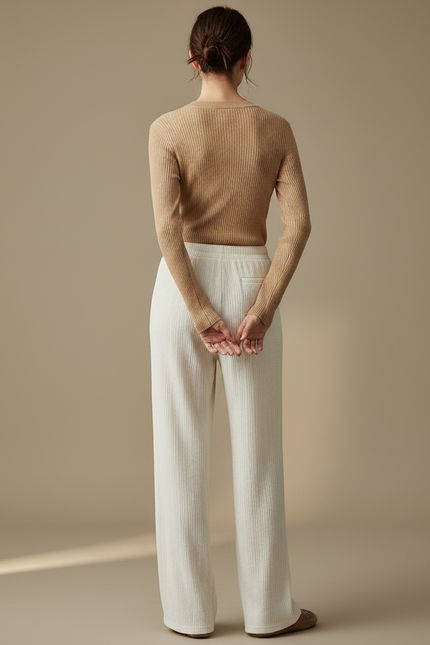 Pantalon Velours Crème Droit Côtelé Ample Confortable - Blanc Cordé - vue 2